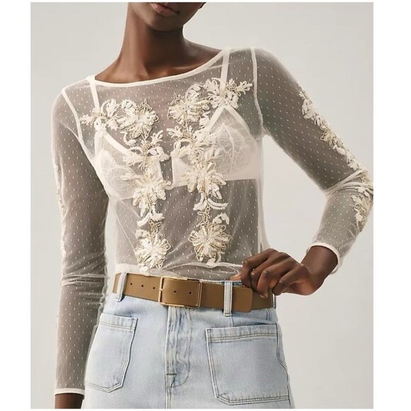Maeve Tops - Maeve Sheer Embellished Top Anthropologie Beige Ivory Bridal Small